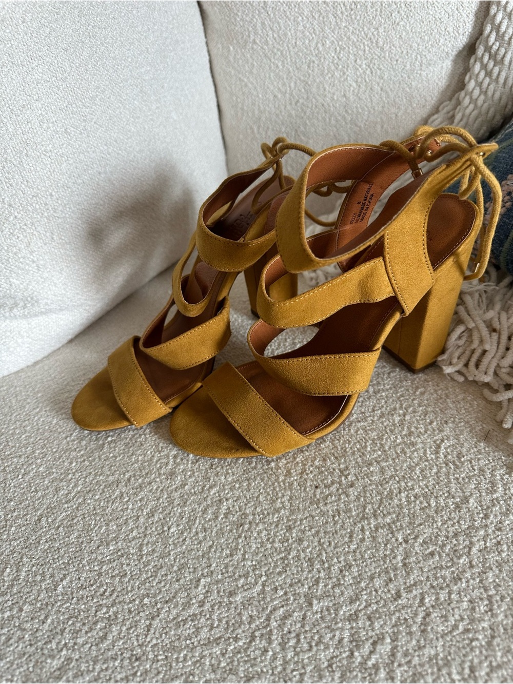 Charlotte Russe Mustard Suede Block Heel Lace-Up Sandals